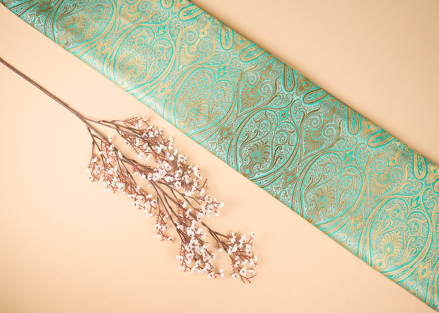 Mint Green Banarasi Brocade Fabric With All Over Golden Zari Handloom 23326