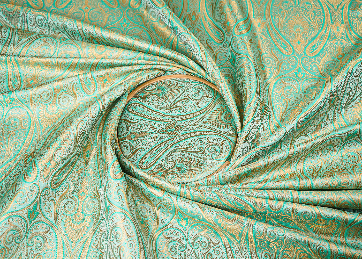 Mint Green Banarasi Brocade Fabric With All Over Golden Zari Handloom 23326