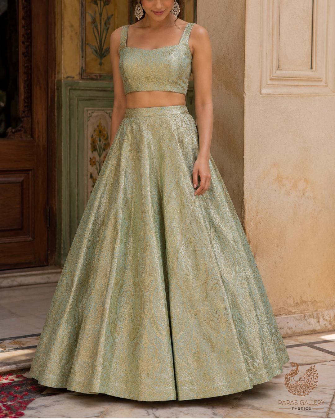 Pista Green Banarasi Brocade Fabric With All Over Golden Zari Handloom 23327