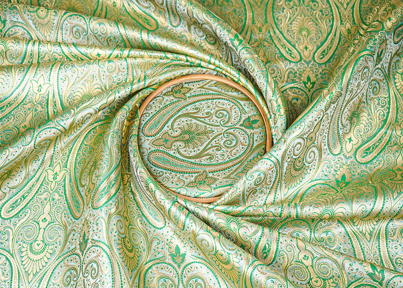 Light Pista Green Banarasi Brocade Fabric With All Over Golden Zari Handloom 23329