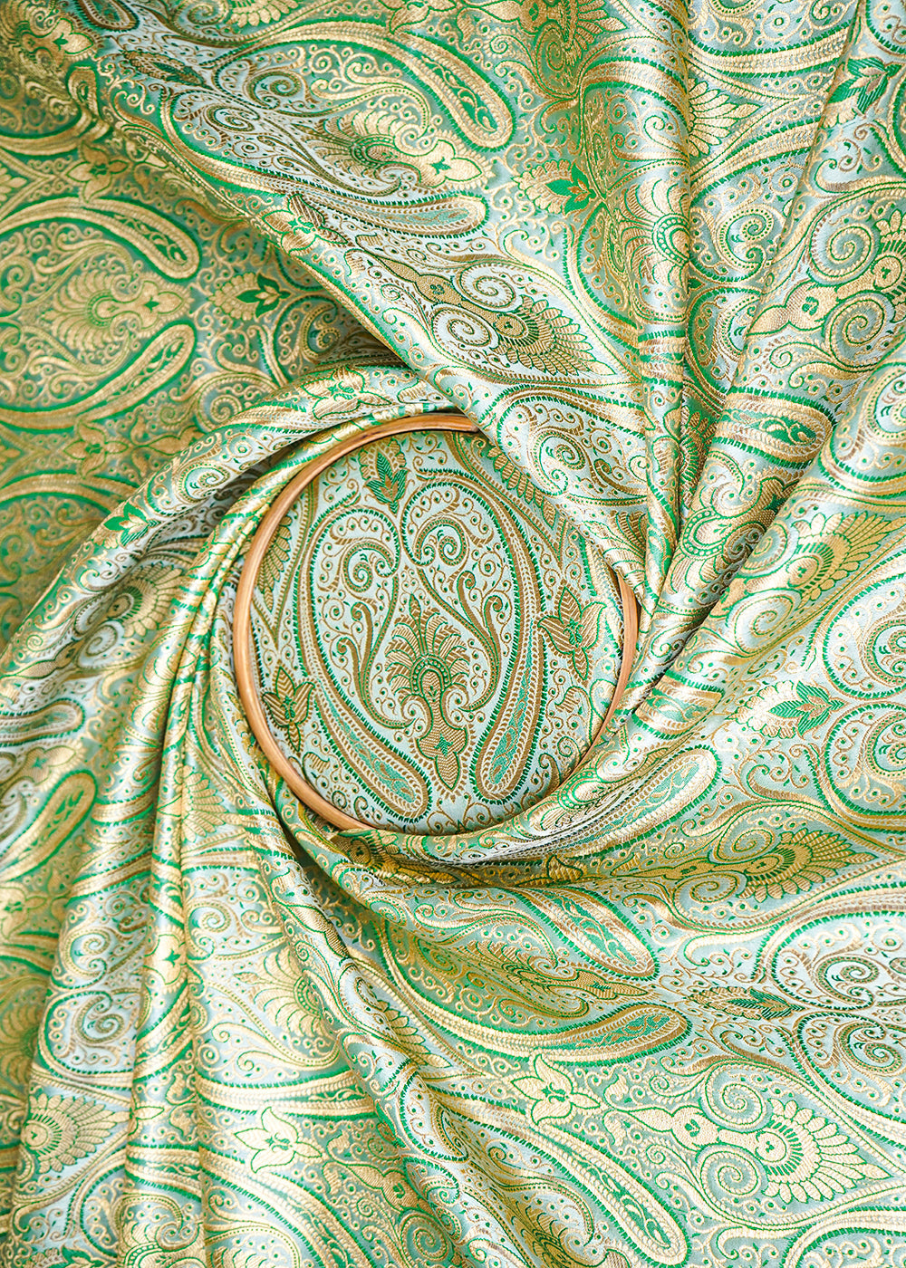 Light Pista Green Banarasi Brocade Fabric With All Over Golden Zari Handloom 23329