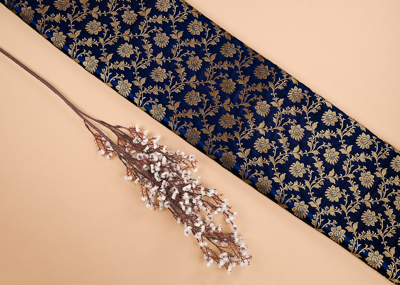 Navy Blue Banarasi Brocade Fabric With All Over Golden Zari Handloom 23331