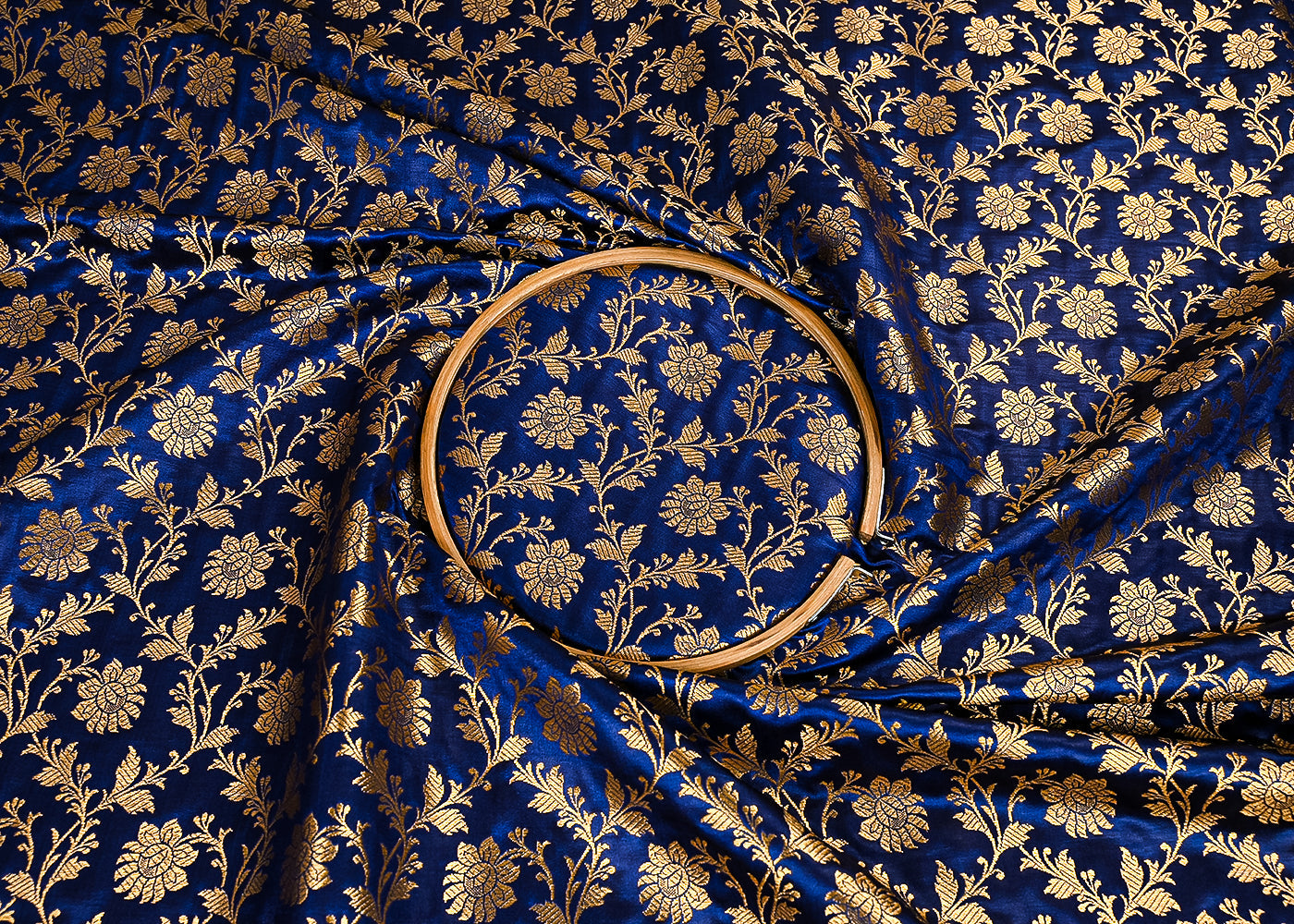 Navy Blue Banarasi Brocade Fabric With All Over Golden Zari Handloom 23331