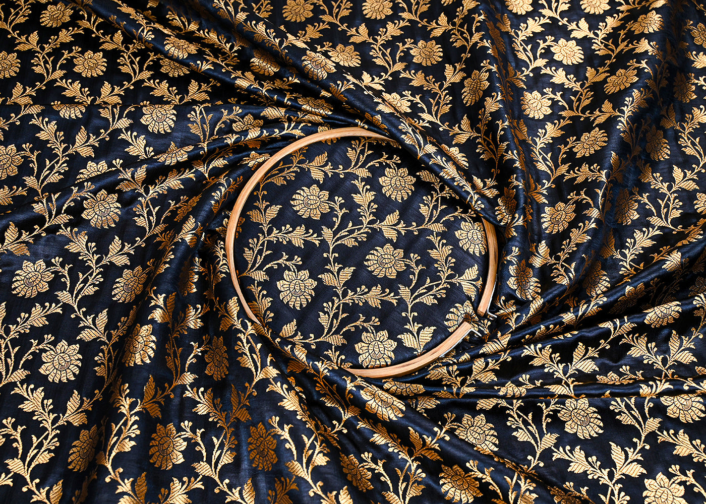 Black Banarasi Brocade Fabric With All Over Golden Zari Handloom 23332