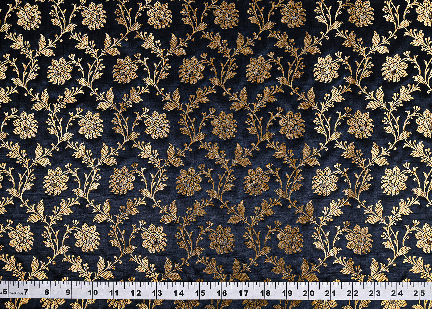 Black Banarasi Brocade Fabric With All Over Golden Zari Handloom 23332