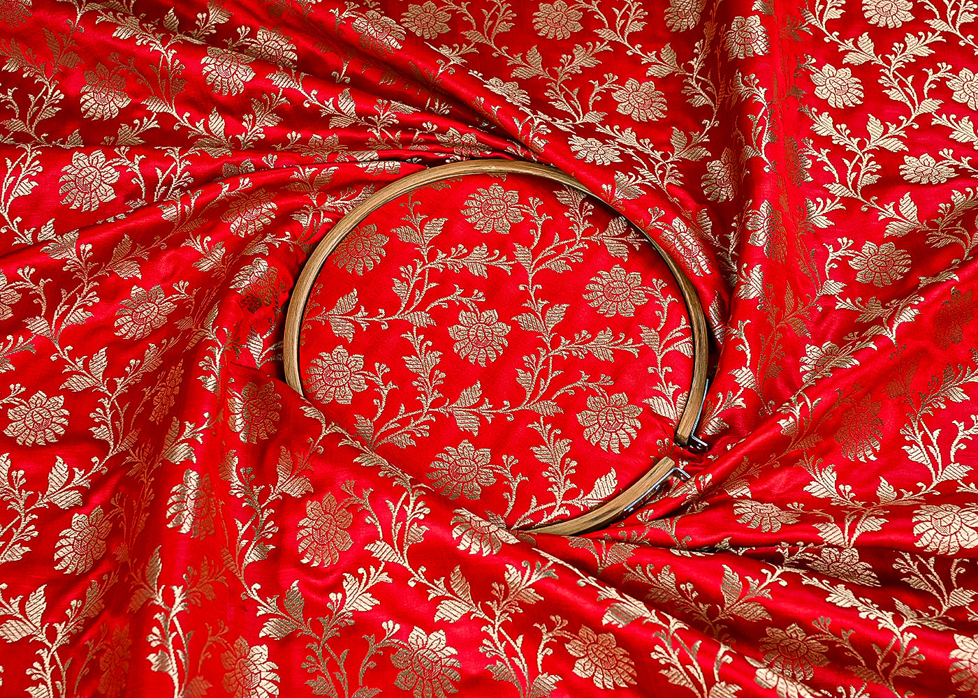 Red Banarasi Brocade Fabric With All Over Golden Zari Handloom 23333
