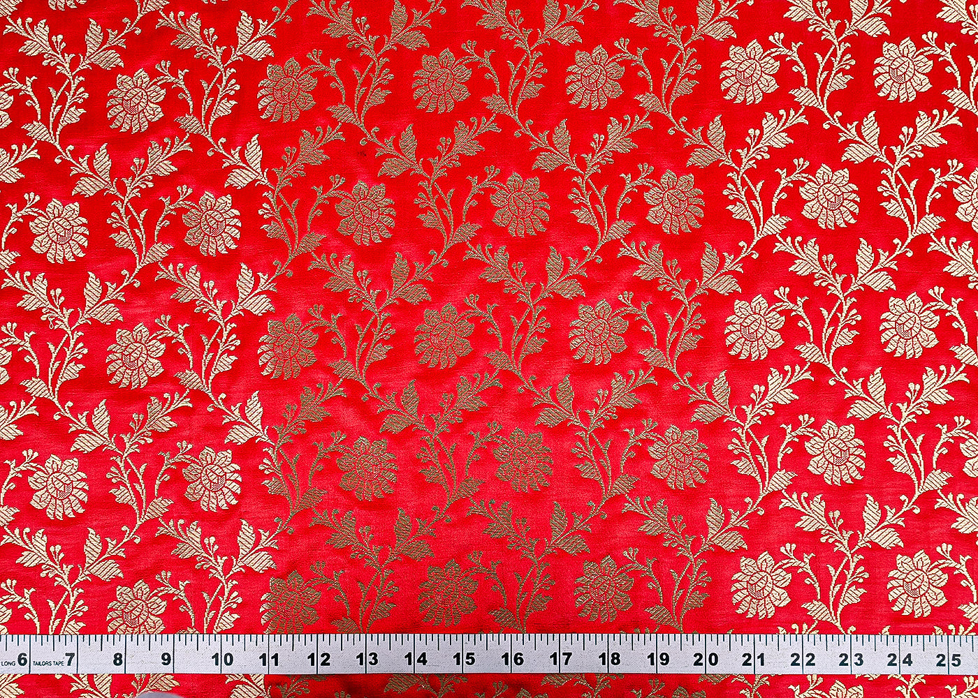 Red Banarasi Brocade Fabric With All Over Golden Zari Handloom 23333