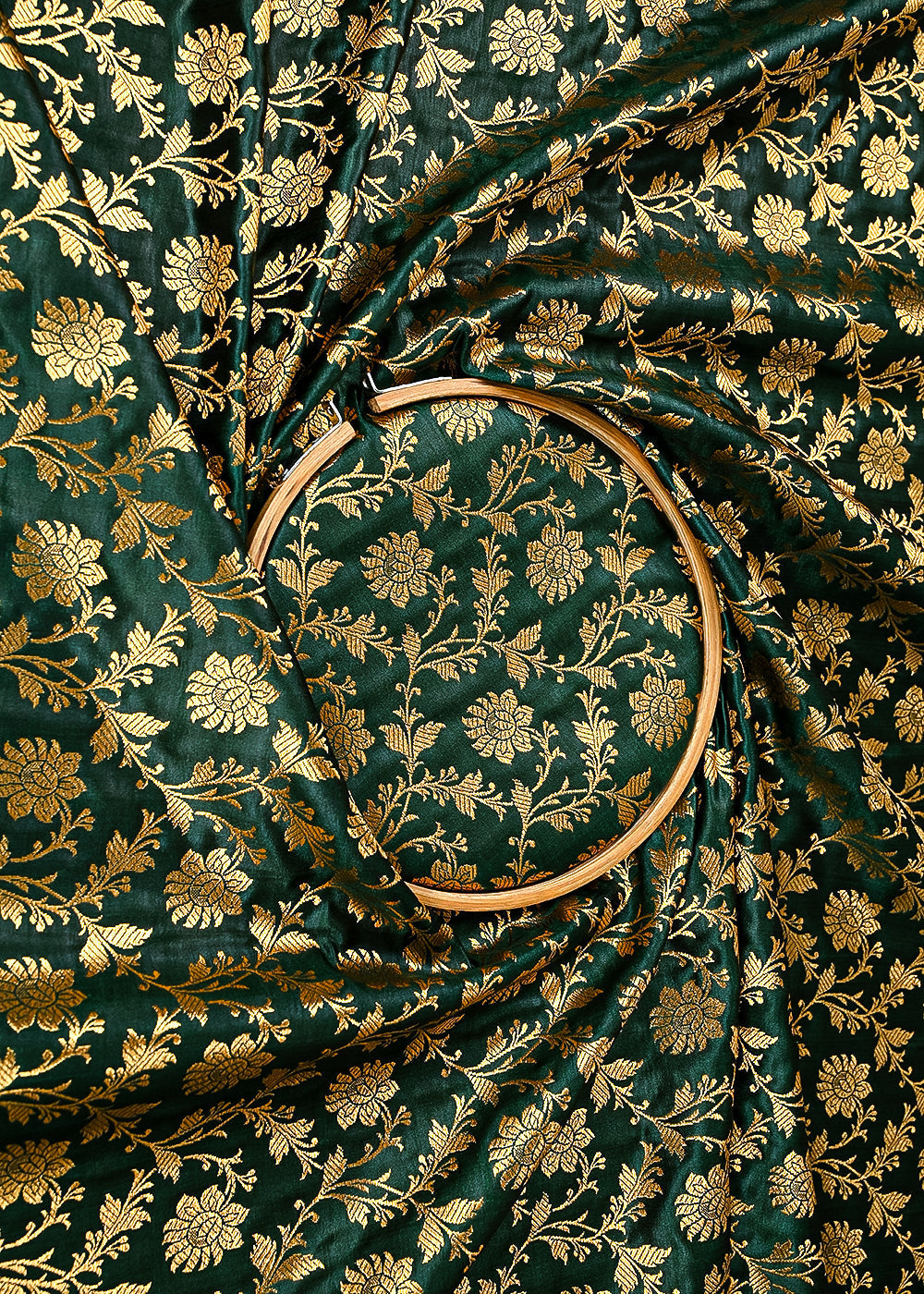Bottle Green Banarasi Brocade Fabric With All Over Golden Zari Handloom 23334