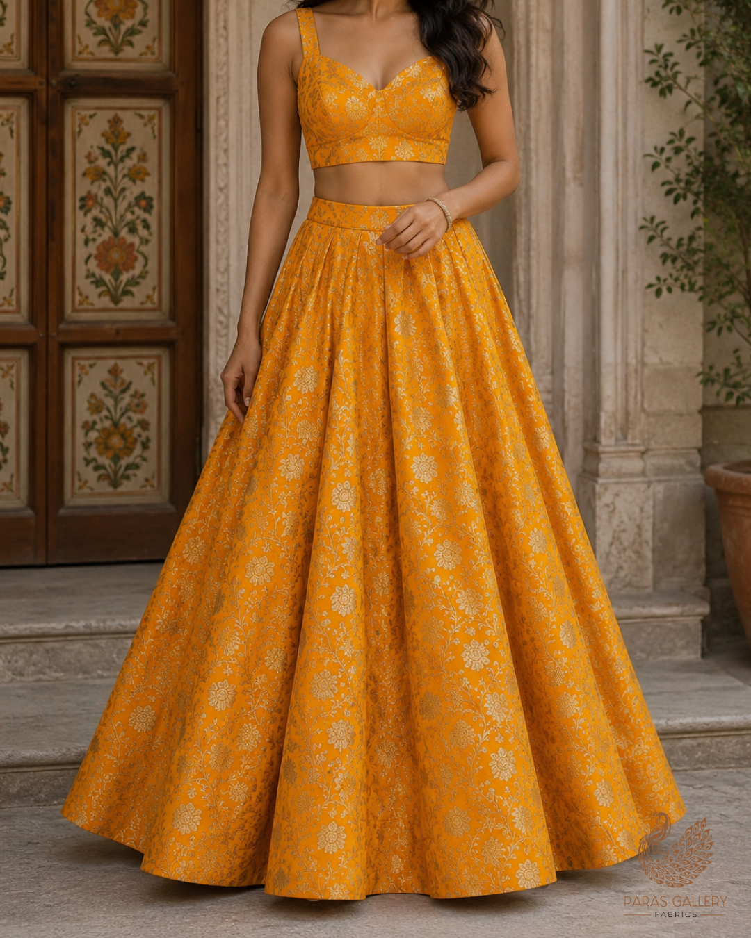 Mustard Banarasi Brocade Fabric With All Over Golden Zari Handloom 23335