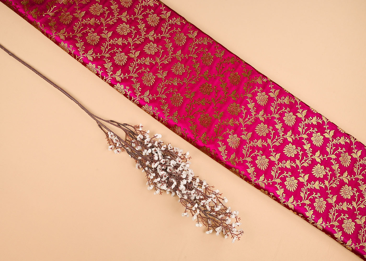 Pink Banarasi Brocade Fabric With All Over Golden Zari Handloom 23336