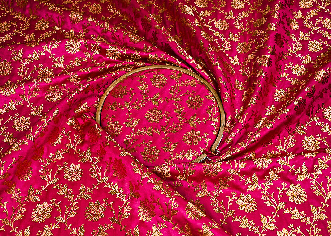 Pink Banarasi Brocade Fabric With All Over Golden Zari Handloom 23336