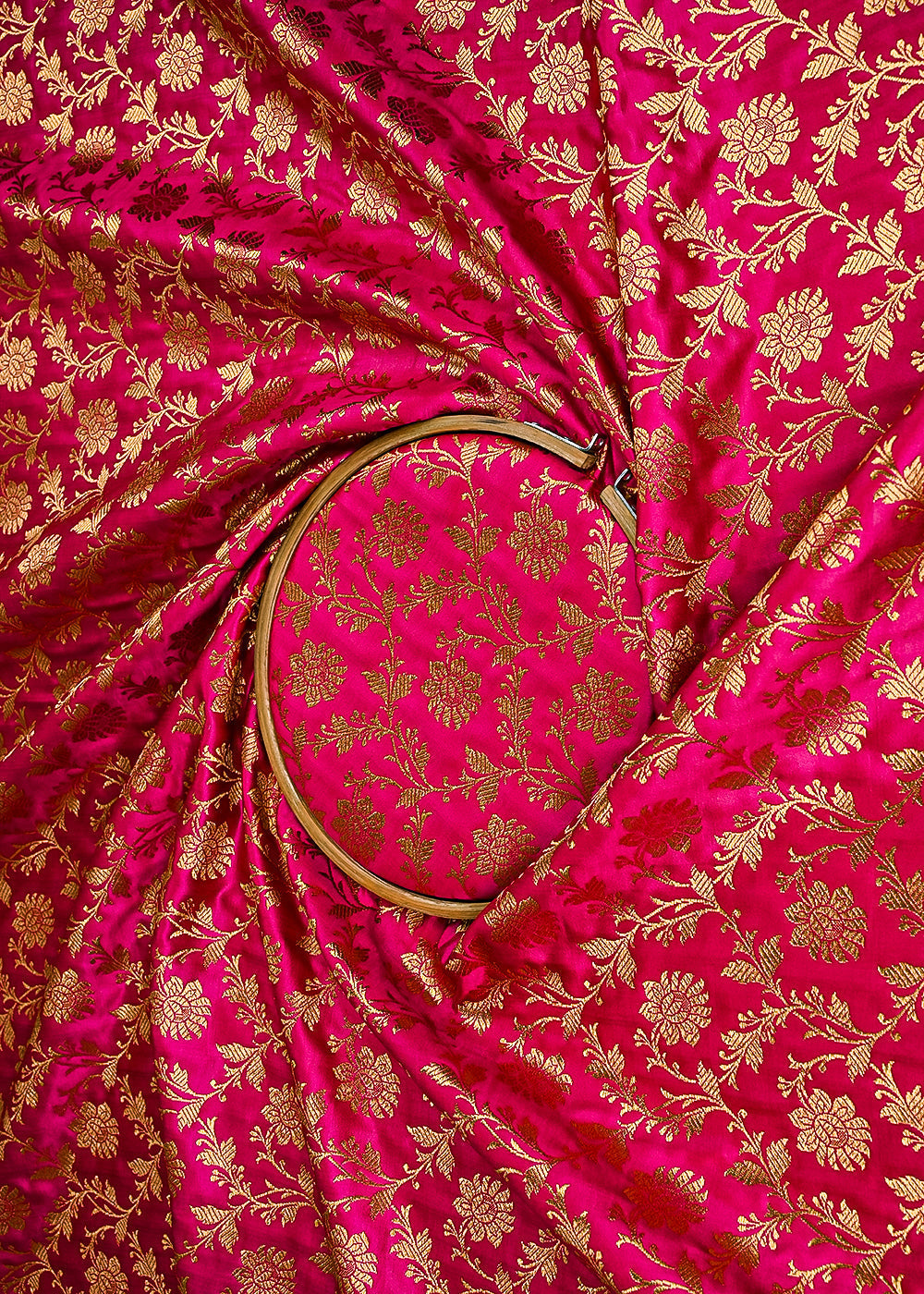 Pink Banarasi Brocade Fabric With All Over Golden Zari Handloom 23336
