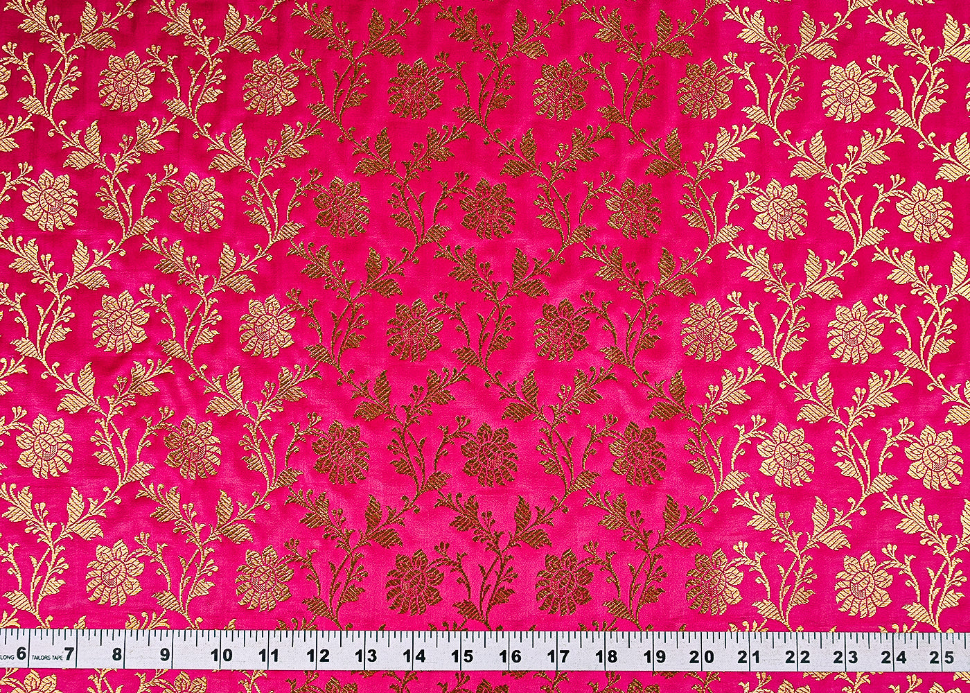 Pink Banarasi Brocade Fabric With All Over Golden Zari Handloom 23336