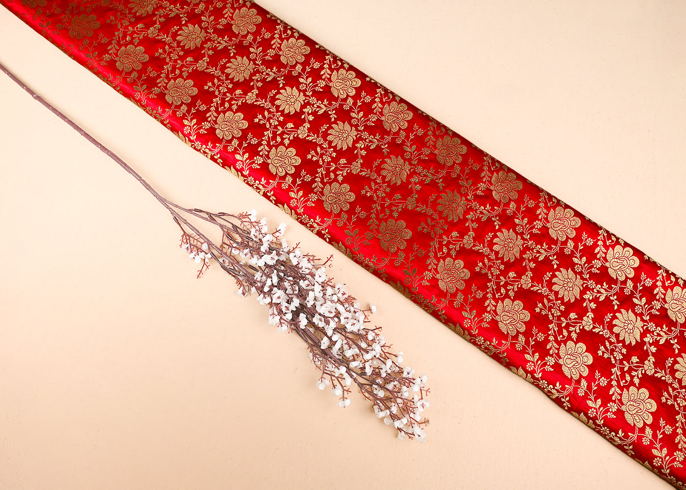 Red Jacquard Fabric With All Over Zari Handloom 23337