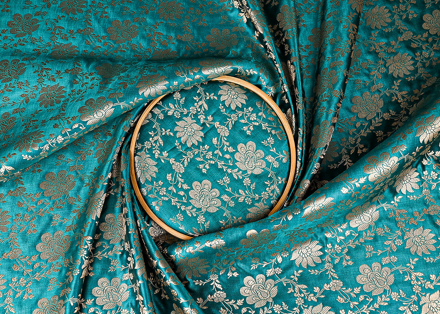 Teal Green Banarasi Brocade Fabric With All Over Golden Zari Handloom 23339