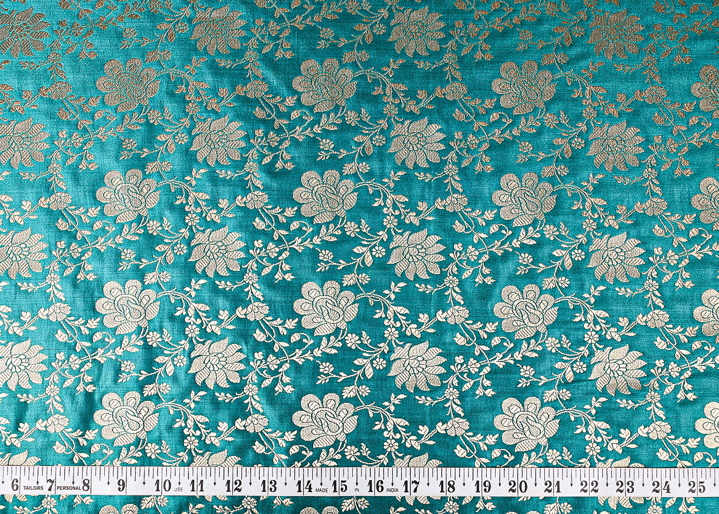 Teal Green Banarasi Brocade Fabric With All Over Golden Zari Handloom 23339