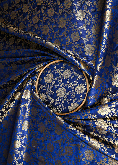 Navy Blue Banarasi Brocade Fabric With All Over Golden Zari Handloom 23340