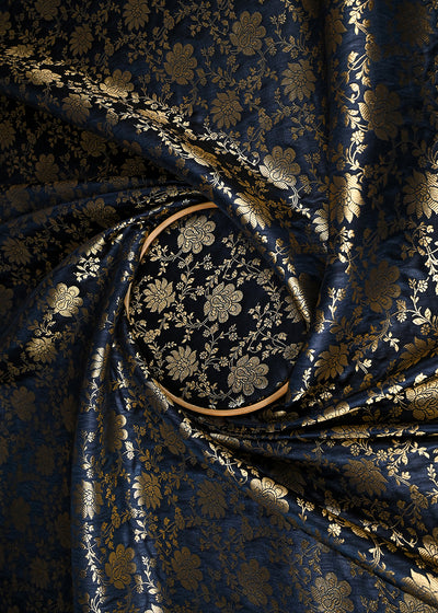Black Banarasi Brocade Fabric With All Over Golden Zari Handloom 23343