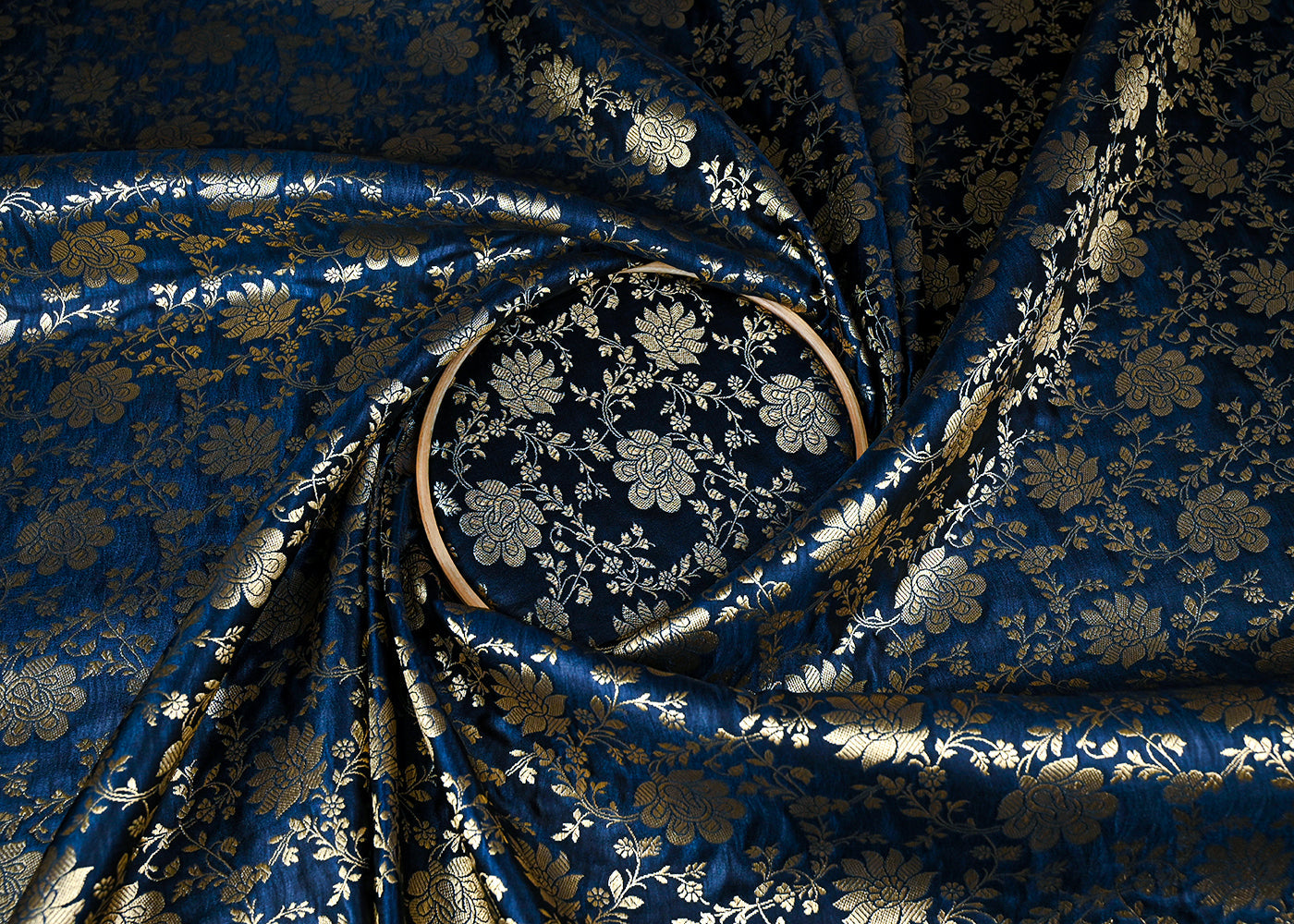 Navy Blue Banarasi Brocade Fabric With All Over Golden Zari Handloom 23343