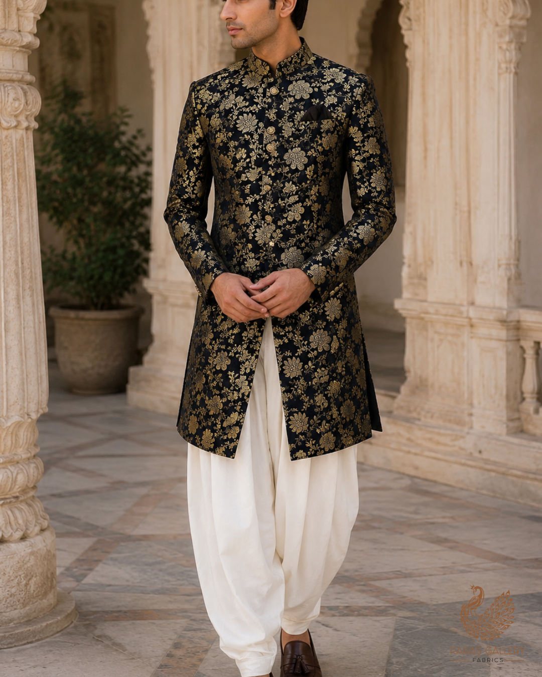 Black Banarasi Brocade Fabric With All Over Golden Zari Handloom 23343