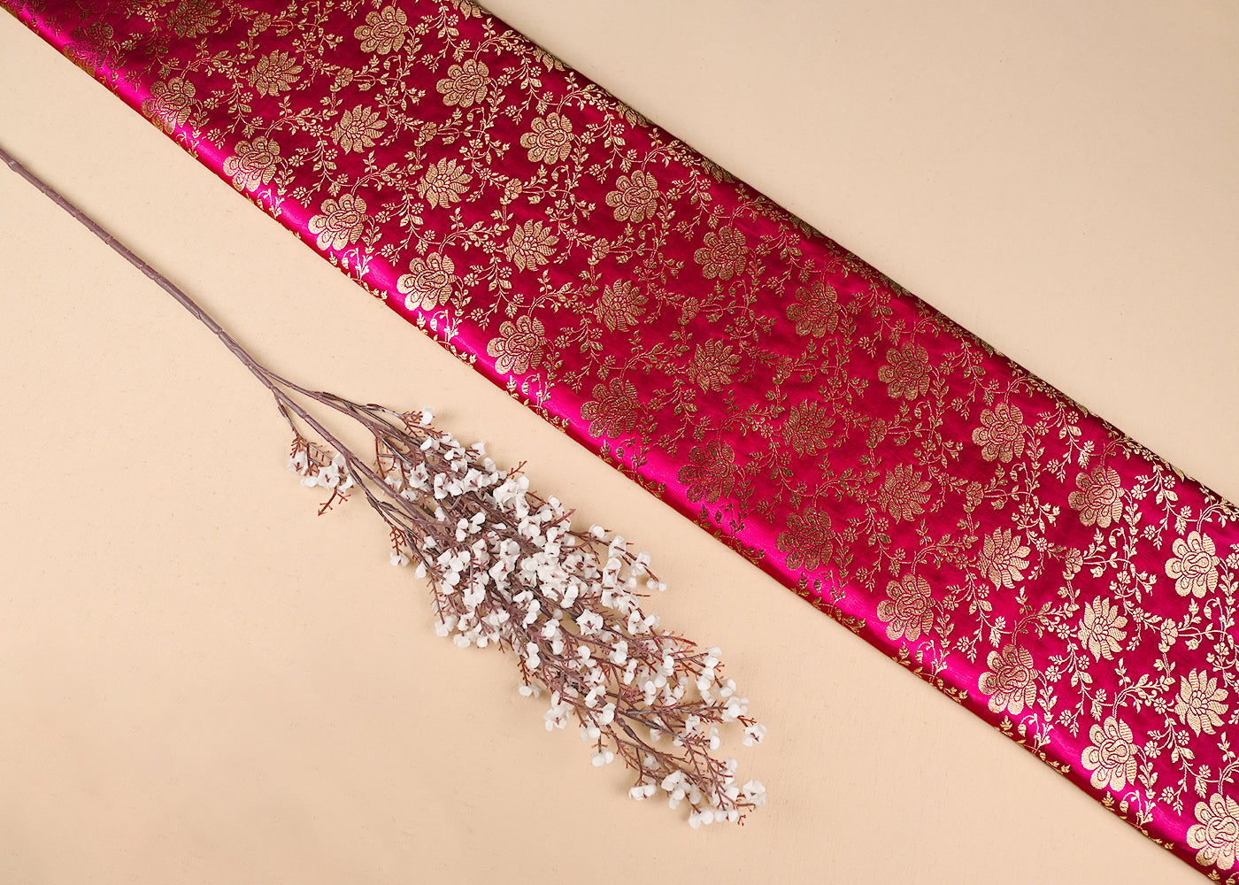 Rani Pink Banarasi Brocade Fabric With All Over Golden Zari Handloom 23344