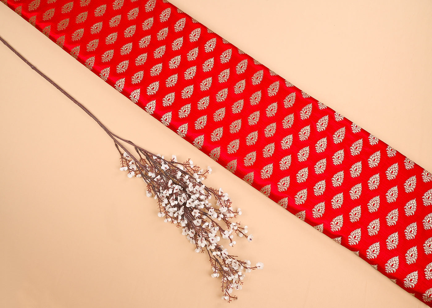 Red Banarasi Brocade Fabric With All Over Golden Zari Handloom 23346