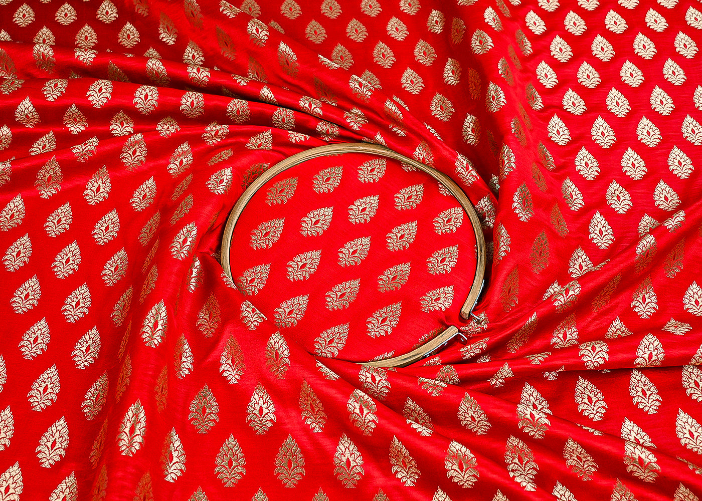 Red Banarasi Brocade Fabric With All Over Golden Zari Handloom 23346
