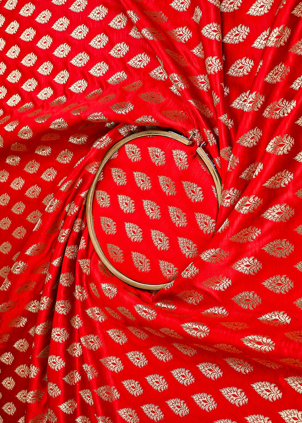 Red Banarasi Brocade Fabric With All Over Golden Zari Handloom 23346