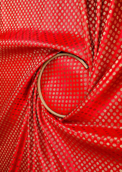 Red Banarasi Brocade Fabric With All Over Golden Zari Handloom 23348