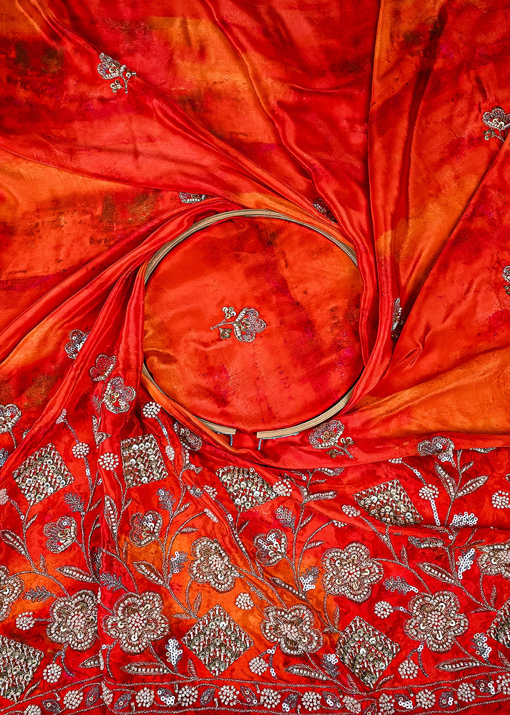Red Crepe Fabric With All Over Zari, Sequins, Katdana And Heavy Border 23351