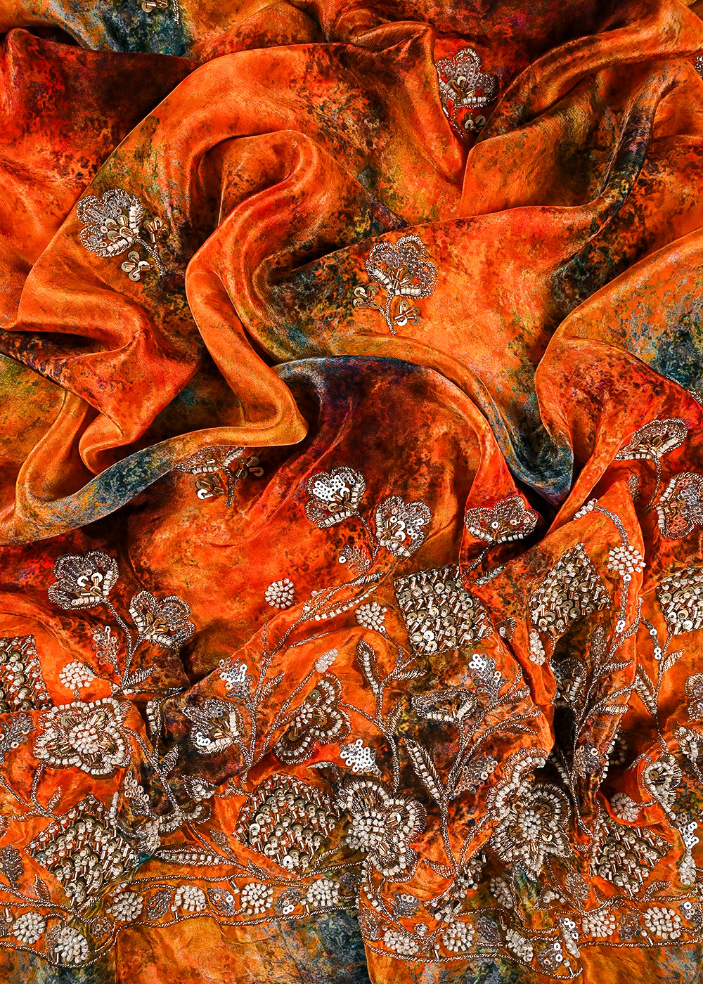 Orange Crepe Fabric With All Over Zari, Sequins, Katdana And Heavy Border 23352