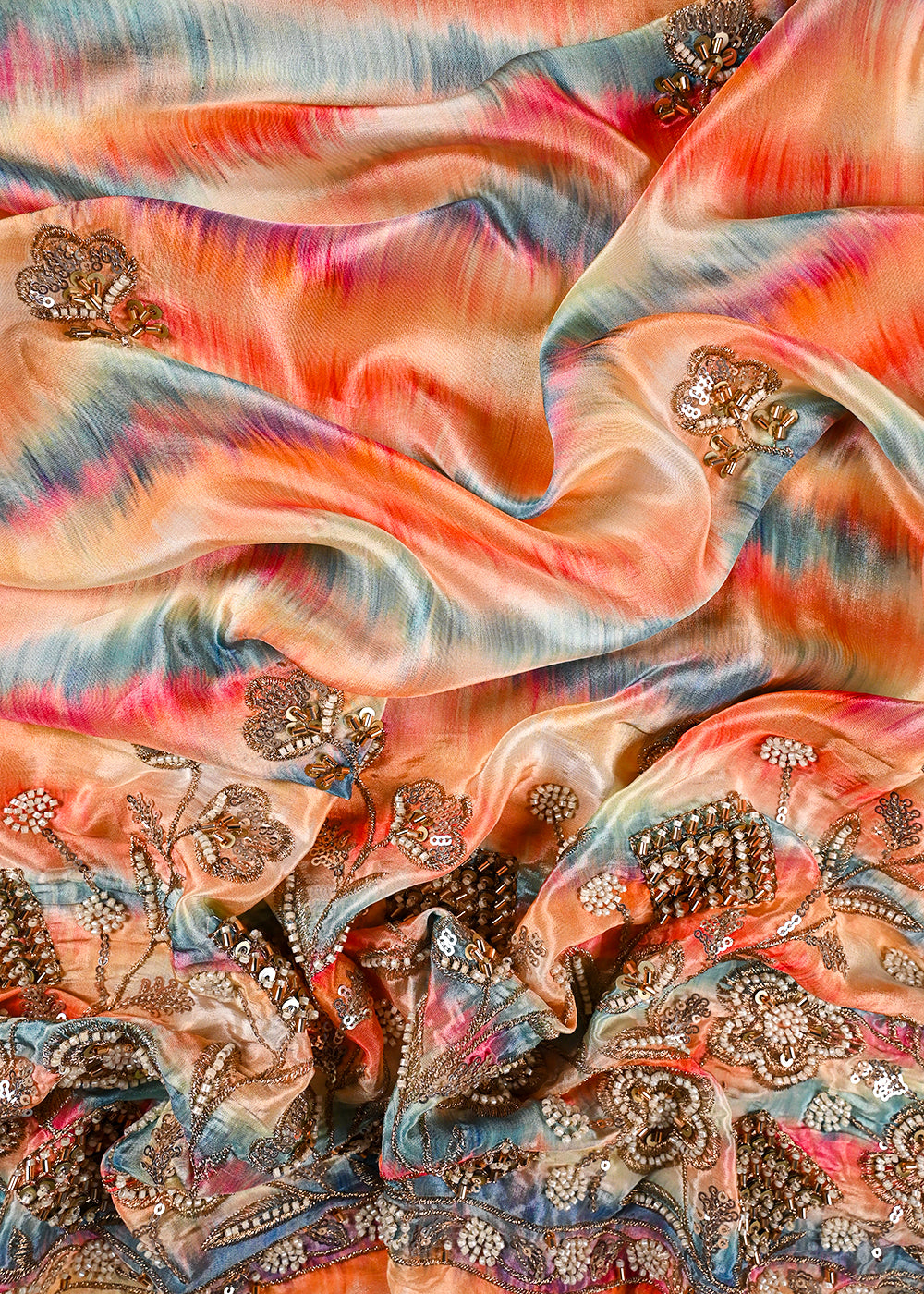 Multi Color Crepe Fabric With All Over Zari, Sequins, Katdana And Heavy Border 23353