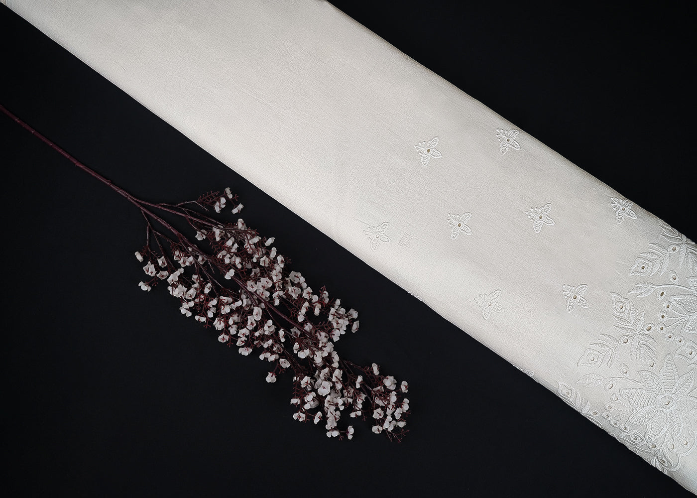 White Mul Cotton Fabric With All Over Thread And Cutwork With Border 23355