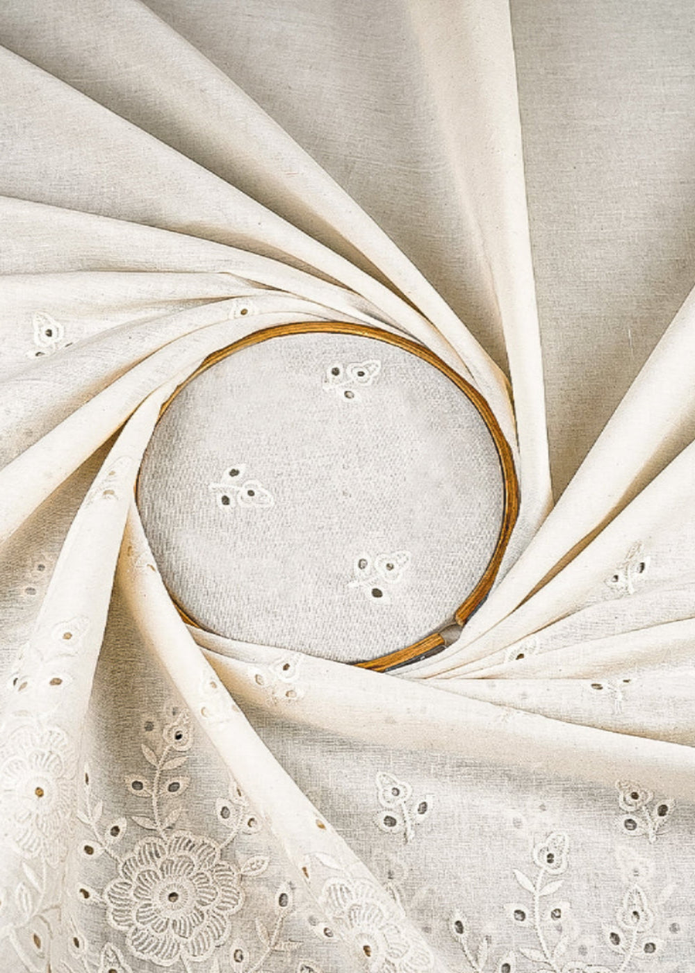 White Kora Cotton Fabric With All Over Thread And Cutwork With Border 23357