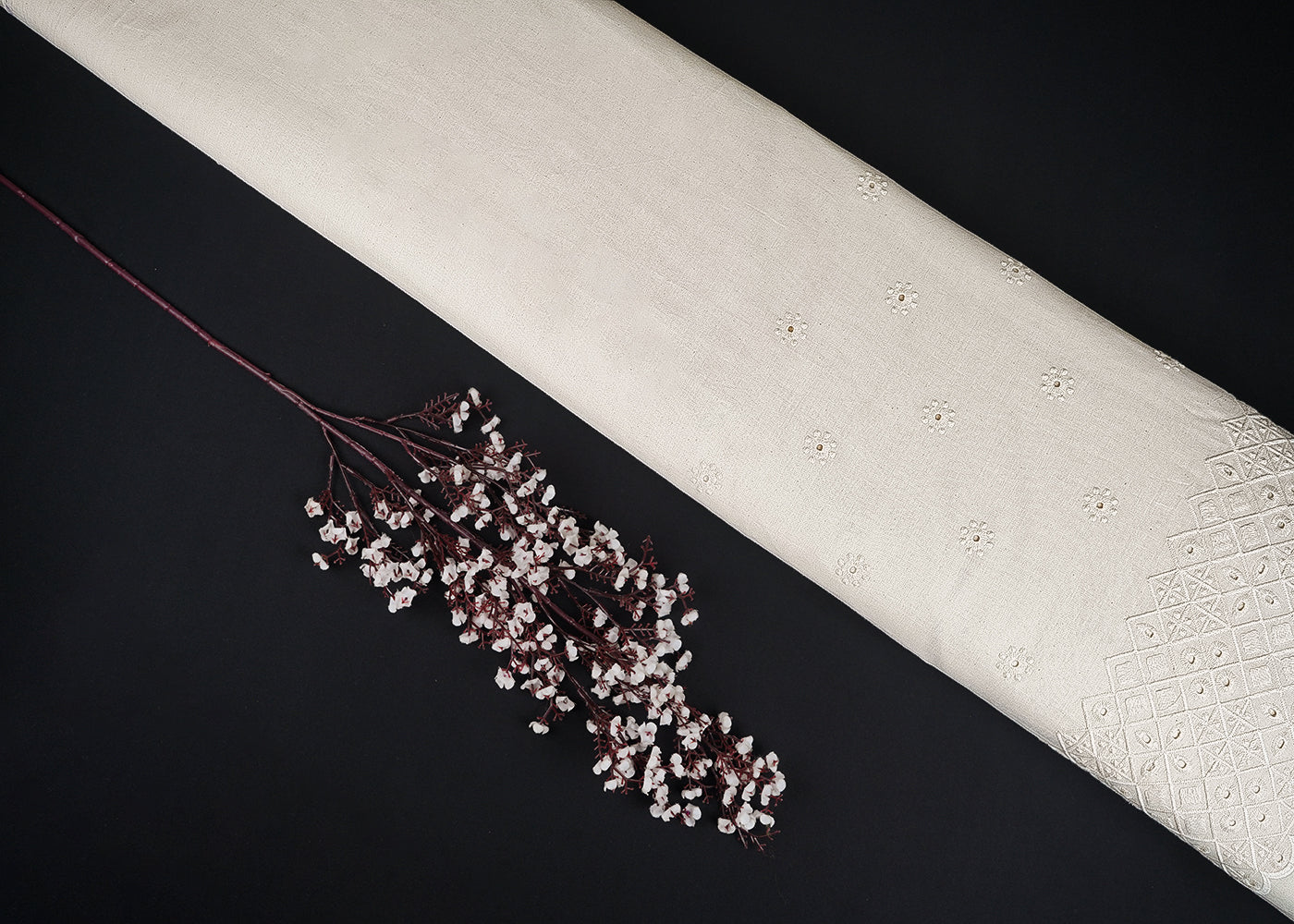 White Kora Cotton Fabric With All Over Thread And Cutwork With Border 23358