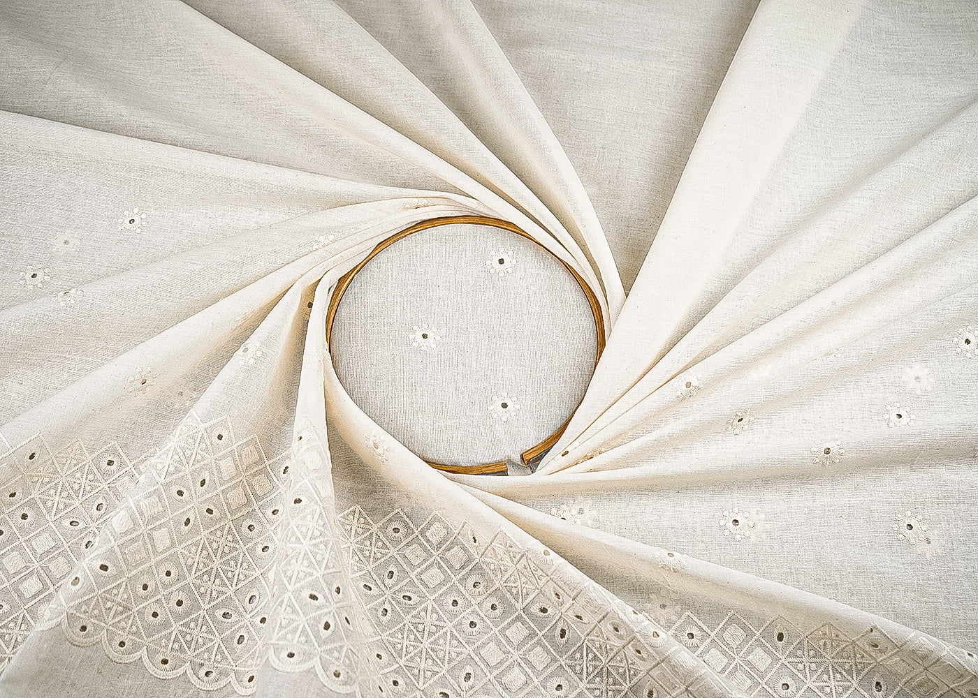 White Kora Cotton Fabric With All Over Thread And Cutwork With Border 23358