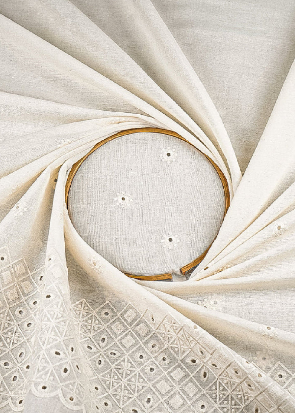 White Kora Cotton Fabric With All Over Thread And Cutwork With Border 23358