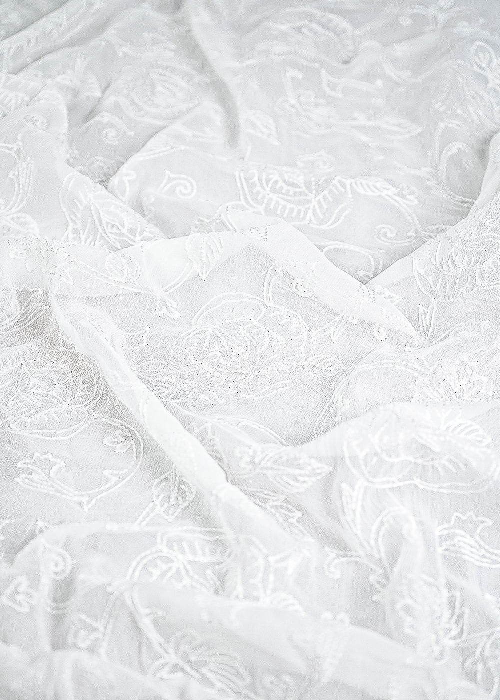 White Georgette Fabric With All Over Thread Work 23359