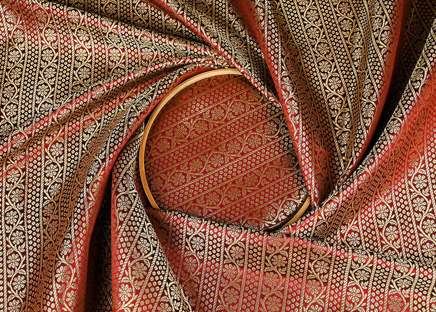 Wine Banarasi Brocade Fabric With All Over Golden Zari Handloom 23369