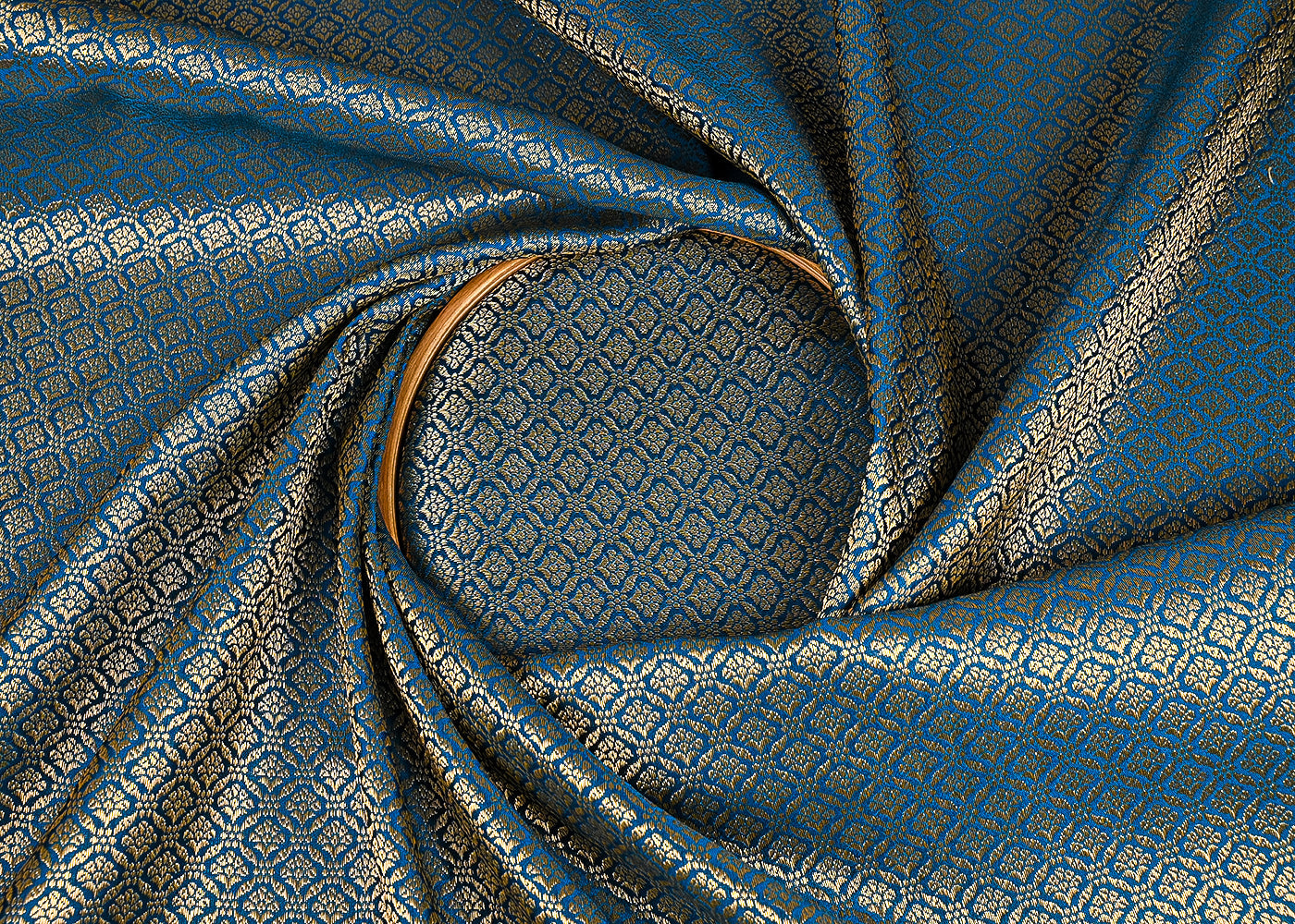 Teal Blue Banarasi Brocade Fabric With All Over Golden Zari Handloom 23371