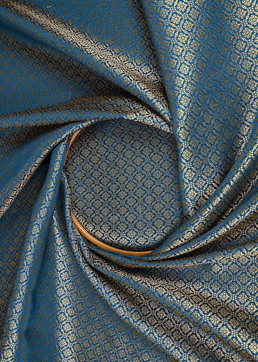 Teal Blue Banarasi Brocade Fabric With All Over Golden Zari Handloom 23371