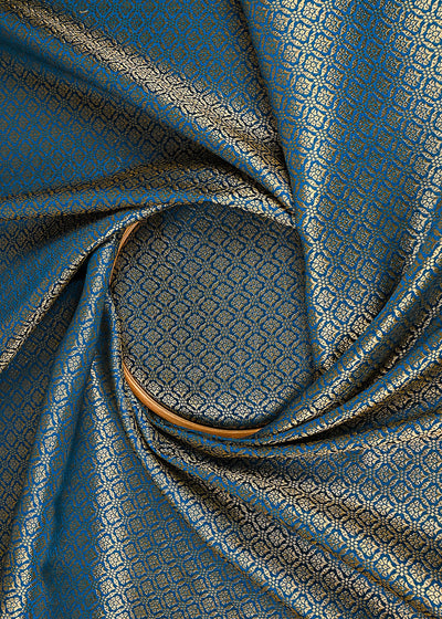 Teal Blue Banarasi Brocade Fabric With All Over Golden Zari Handloom 23371