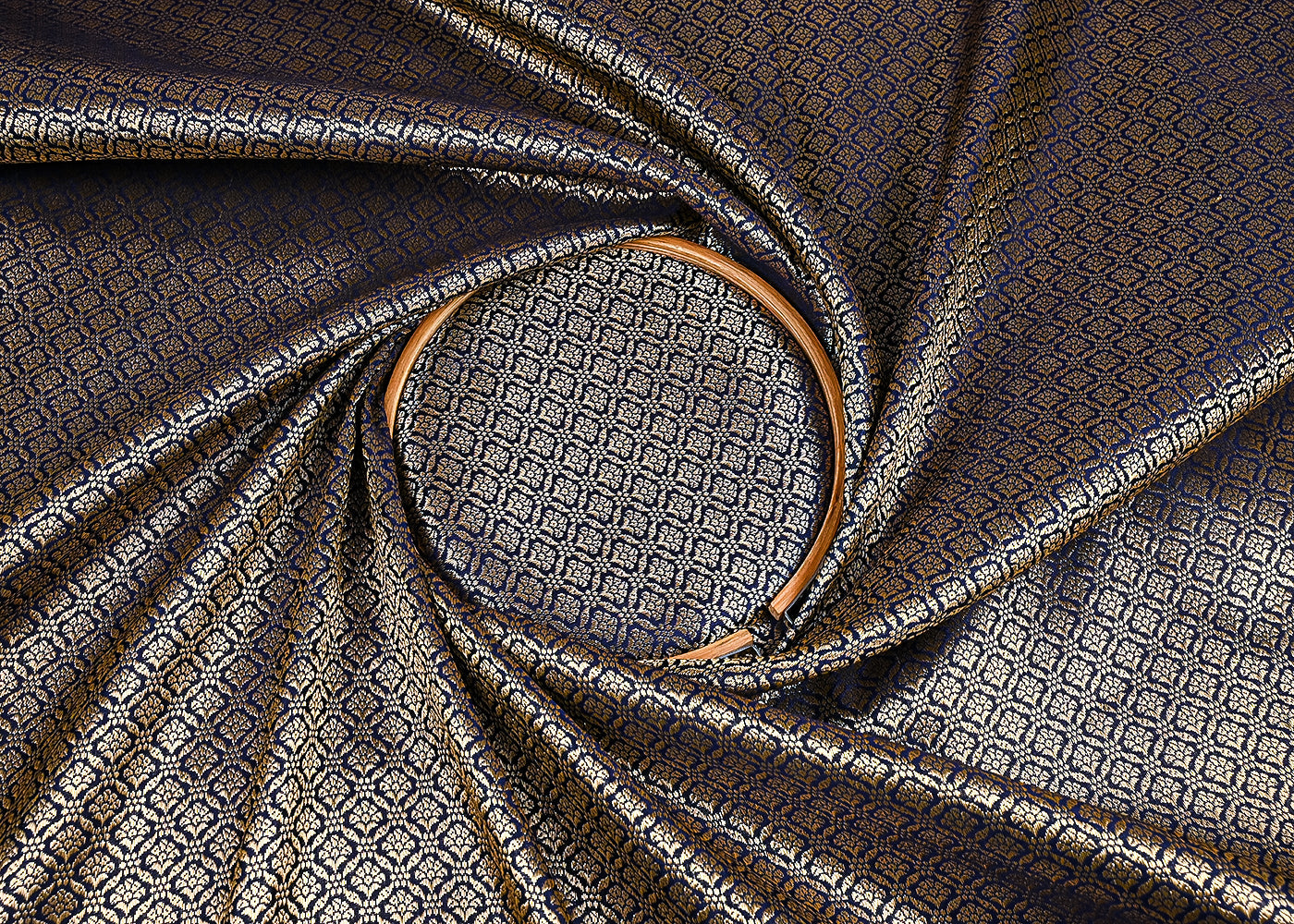 Dark Navy Blue Banarasi Brocade Fabric With All Over Golden Zari Handloom 23372
