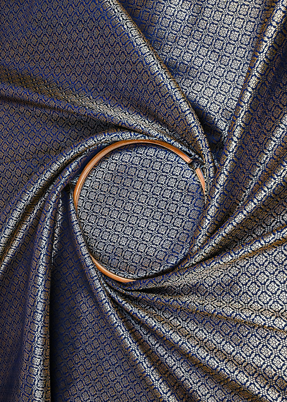 Dark Navy Blue Banarasi Brocade Fabric With All Over Golden Zari Handloom 23372