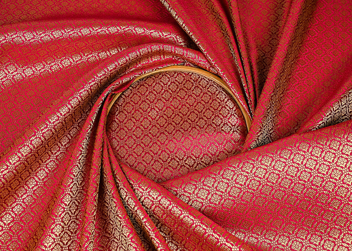 Rani Pink Banarasi Brocade Fabric With All Over Golden Zari Handloom 23374