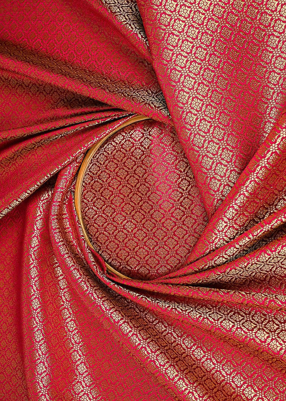 Rani Pink Banarasi Brocade Fabric With All Over Golden Zari Handloom 23374