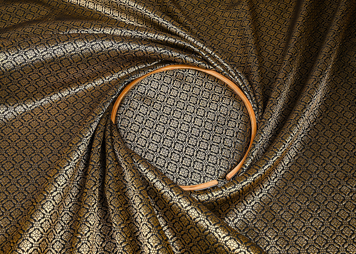 Black Banarasi Brocade Fabric With All Over Golden Zari Handloom 23375