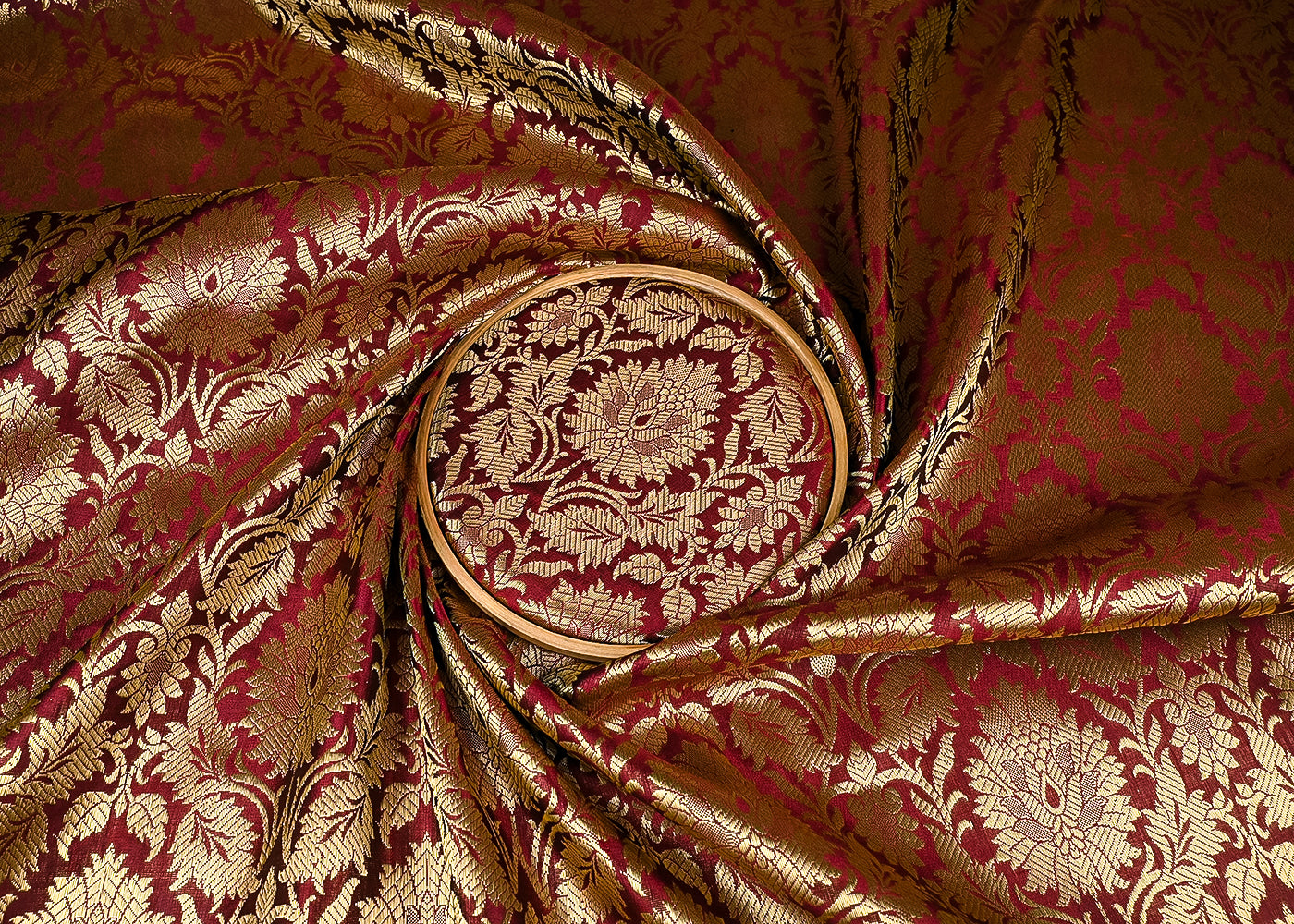 Wine Banarasi Brocade Fabric With All Over Golden Zari Handloom 23377