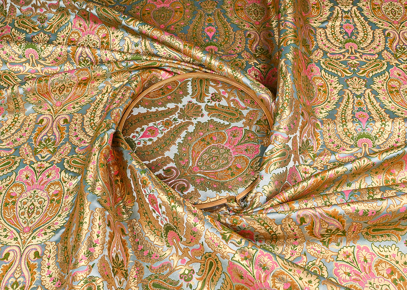 Ice Blue Banarasi Brocade Fabric With All Over Golden Zari Handloom 23378