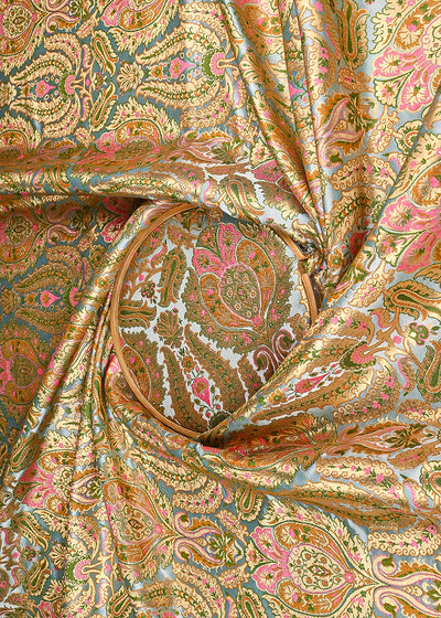 Ice Blue Banarasi Brocade Fabric With All Over Golden Zari Handloom 23378